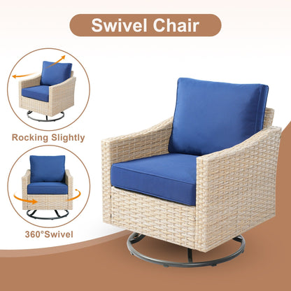 HOOOWOOO Set da 6 pezzi per mobili da esterno in vimini per patio, braciere con sedia a dondolo girevole