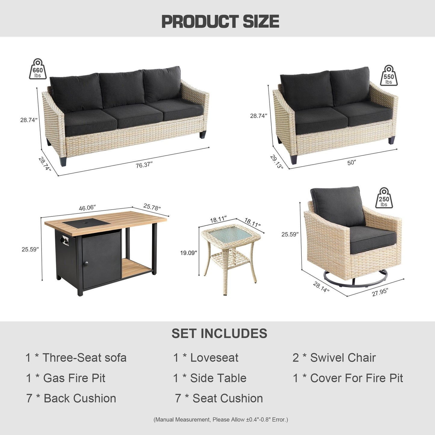 HOOOWOOO Set da 6 pezzi per mobili da esterno in vimini per patio, braciere con sedia a dondolo girevole