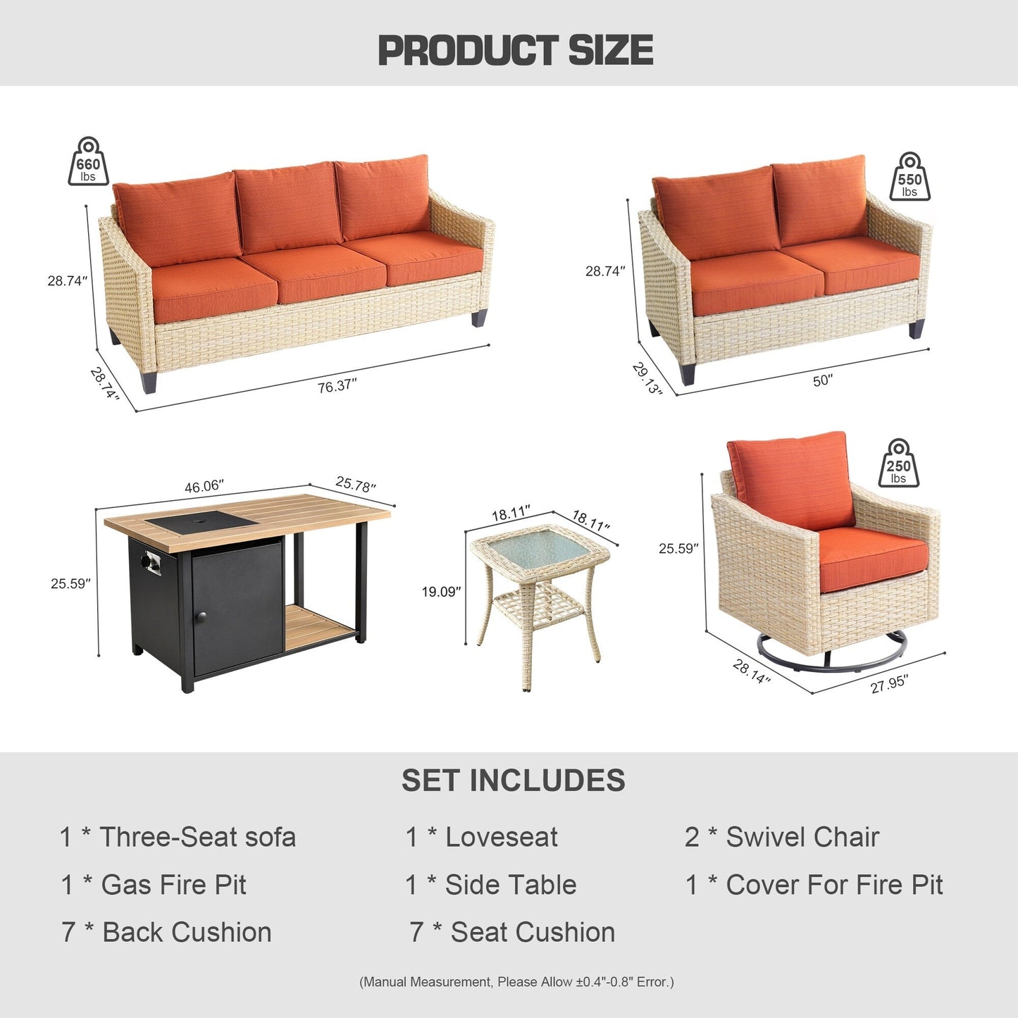 HOOOWOOO Set da 6 pezzi per mobili da esterno in vimini per patio, braciere con sedia a dondolo girevole