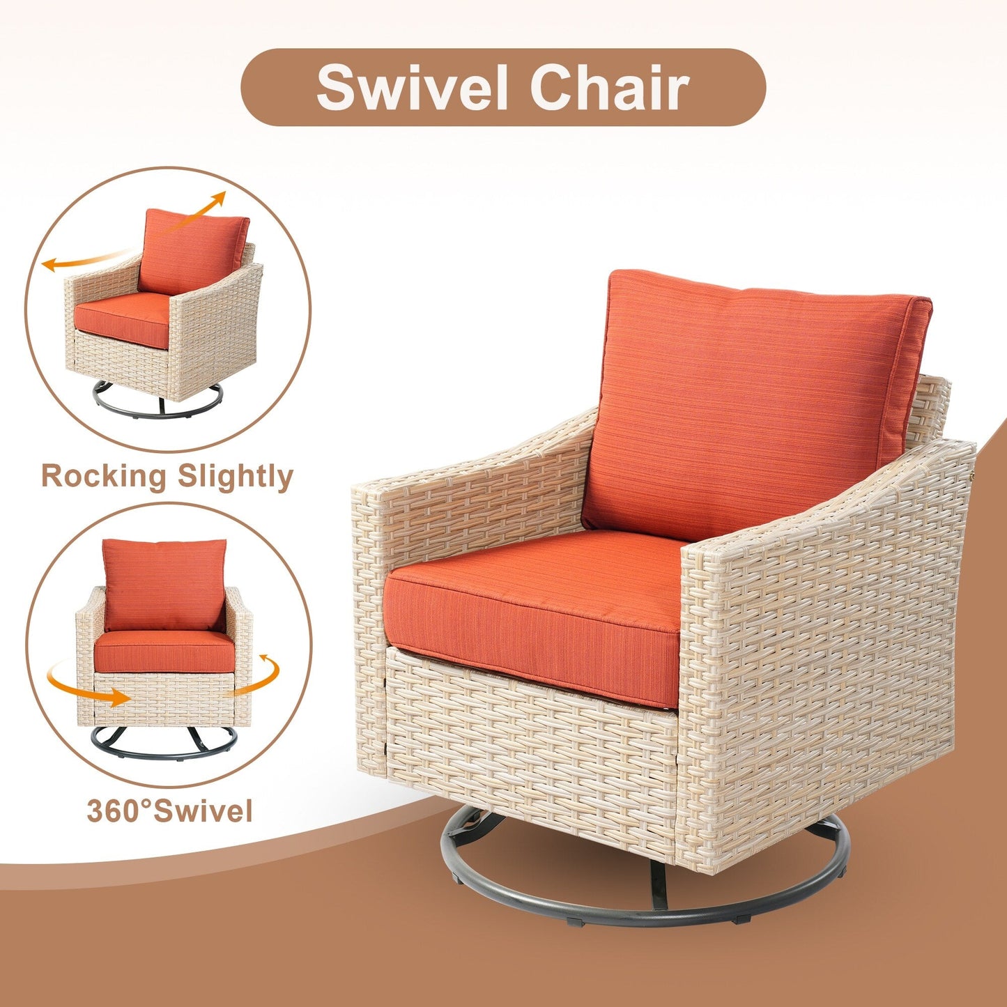 HOOOWOOO Set da 6 pezzi per mobili da esterno in vimini per patio, braciere con sedia a dondolo girevole