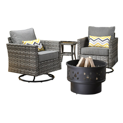Set di 4 sedie girevoli da giardino in vimini HOOOWOOO con braciere a legna