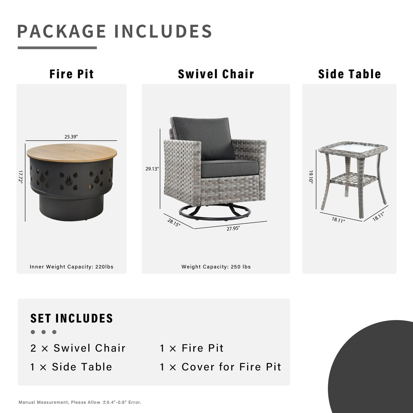 Set di 4 sedie girevoli da giardino in vimini HOOOWOOO con braciere a legna