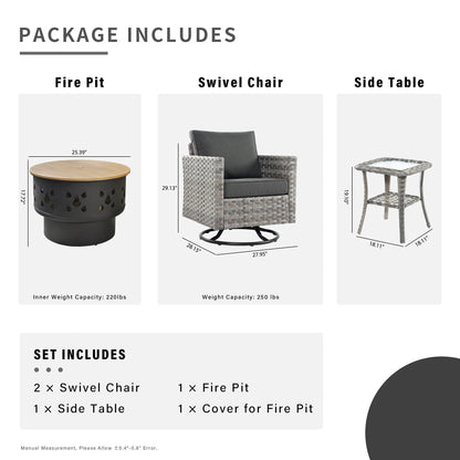 Set di 4 sedie girevoli da giardino in vimini HOOOWOOO con braciere a legna