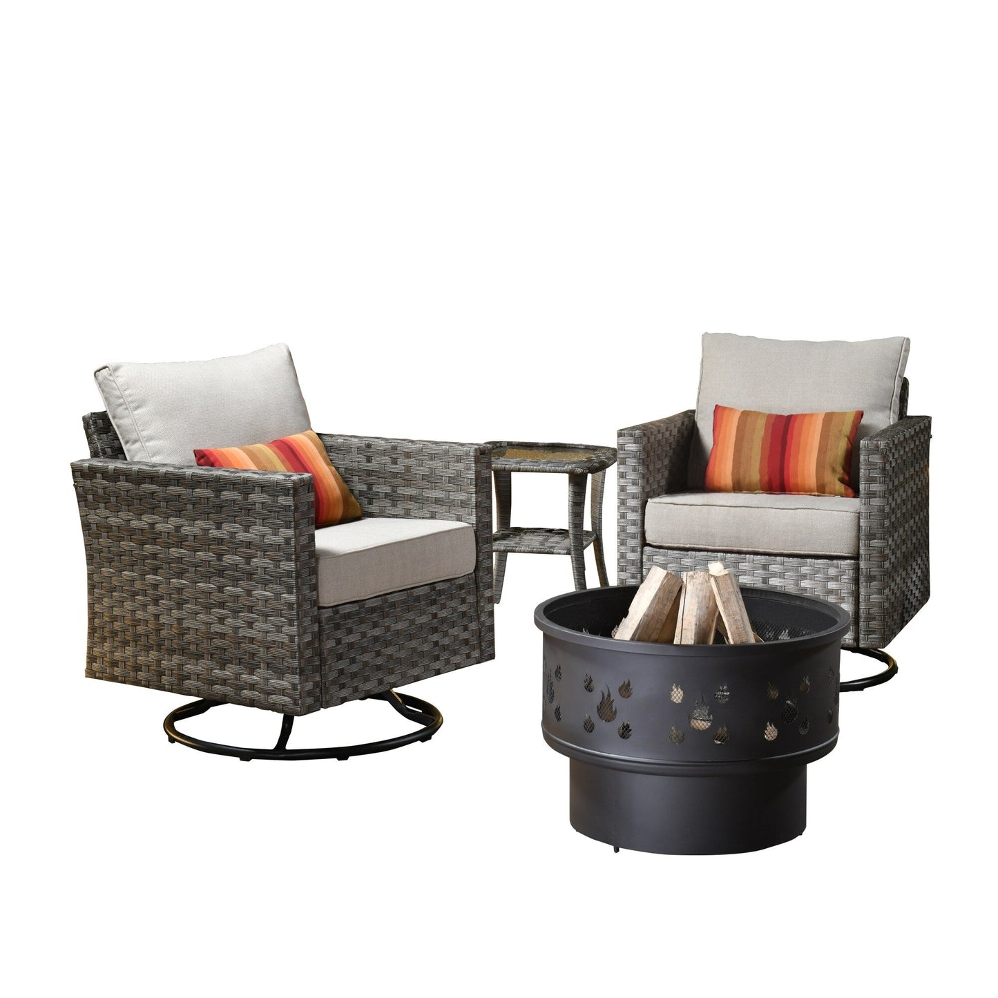 Set di 4 sedie girevoli da giardino in vimini HOOOWOOO con braciere a legna