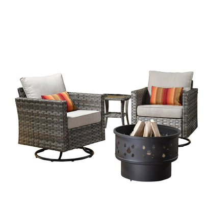 Set di 4 sedie girevoli da giardino in vimini HOOOWOOO con braciere a legna