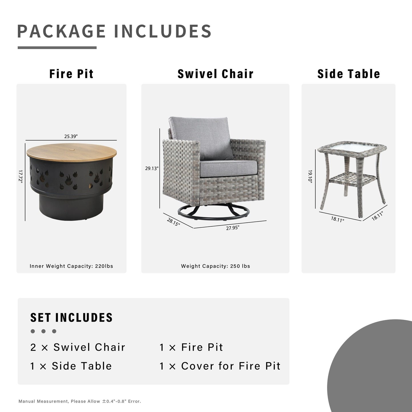 Set di 4 sedie girevoli da giardino in vimini HOOOWOOO con braciere a legna