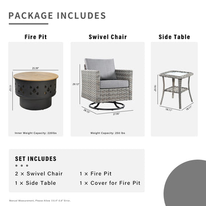 Set di 4 sedie girevoli da giardino in vimini HOOOWOOO con braciere a legna