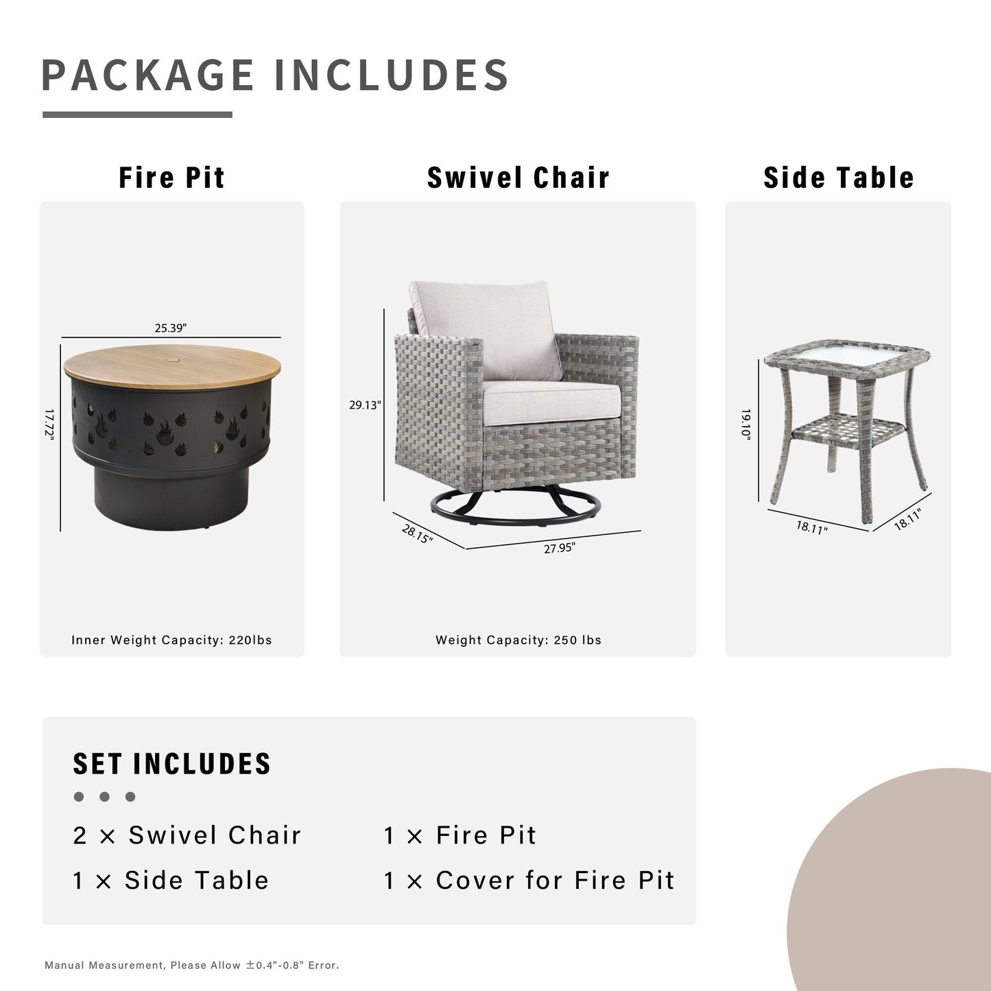 Set di 4 sedie girevoli da giardino in vimini HOOOWOOO con braciere a legna