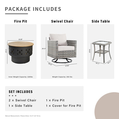 Set di 4 sedie girevoli da giardino in vimini HOOOWOOO con braciere a legna