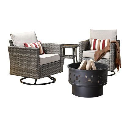 Set di 4 sedie girevoli da giardino in vimini HOOOWOOO con braciere a legna