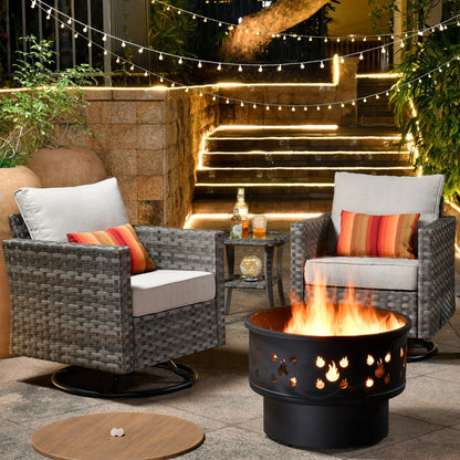 Set di 4 sedie girevoli da giardino in vimini HOOOWOOO con braciere a legna