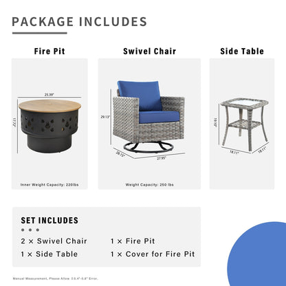 Set di 4 sedie girevoli da giardino in vimini HOOOWOOO con braciere a legna