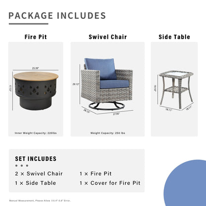 Set di 4 sedie girevoli da giardino in vimini HOOOWOOO con braciere a legna