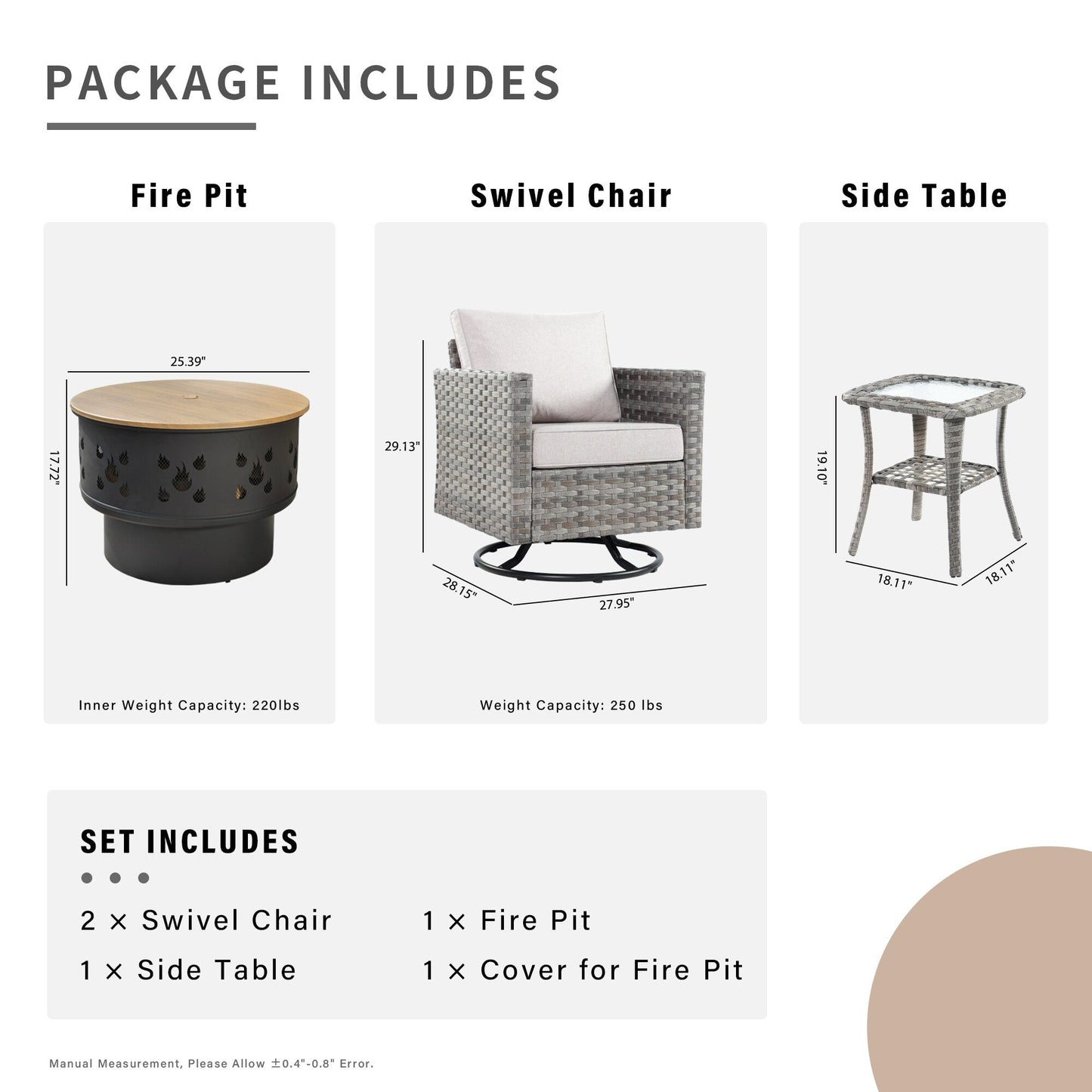 Set di 4 sedie girevoli da giardino in vimini HOOOWOOO con braciere a legna