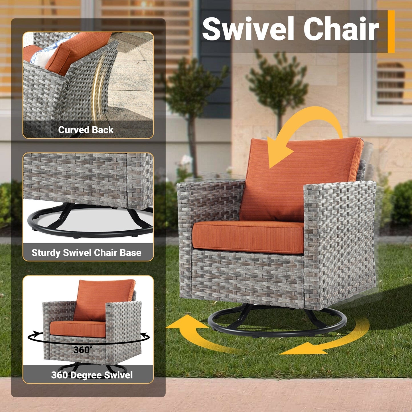 Set di 4 sedie girevoli da giardino in vimini HOOOWOOO con braciere a legna