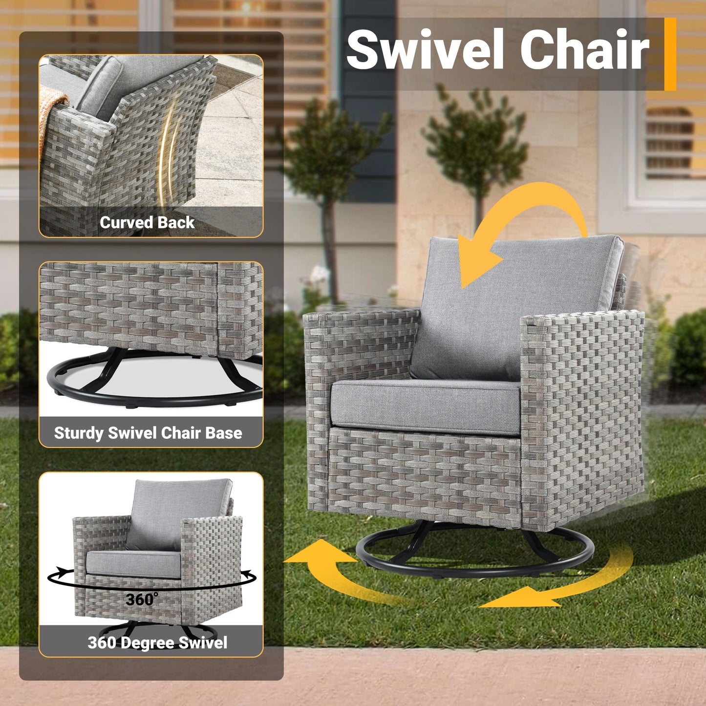 Set di 4 sedie girevoli da giardino in vimini HOOOWOOO con braciere a legna