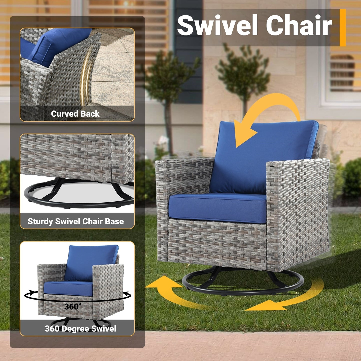 Set di 4 sedie girevoli da giardino in vimini HOOOWOOO con braciere a legna