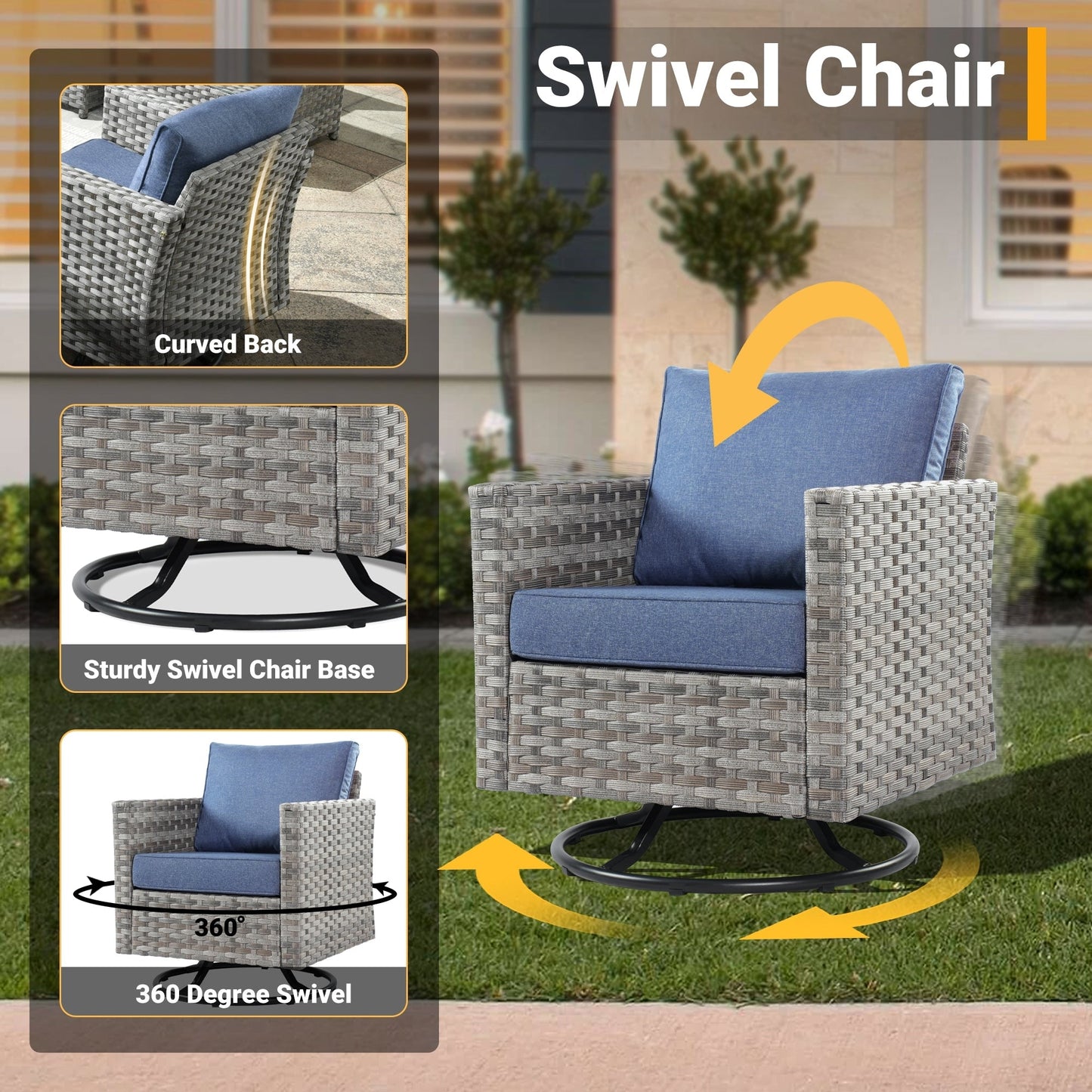 Set di 4 sedie girevoli da giardino in vimini HOOOWOOO con braciere a legna