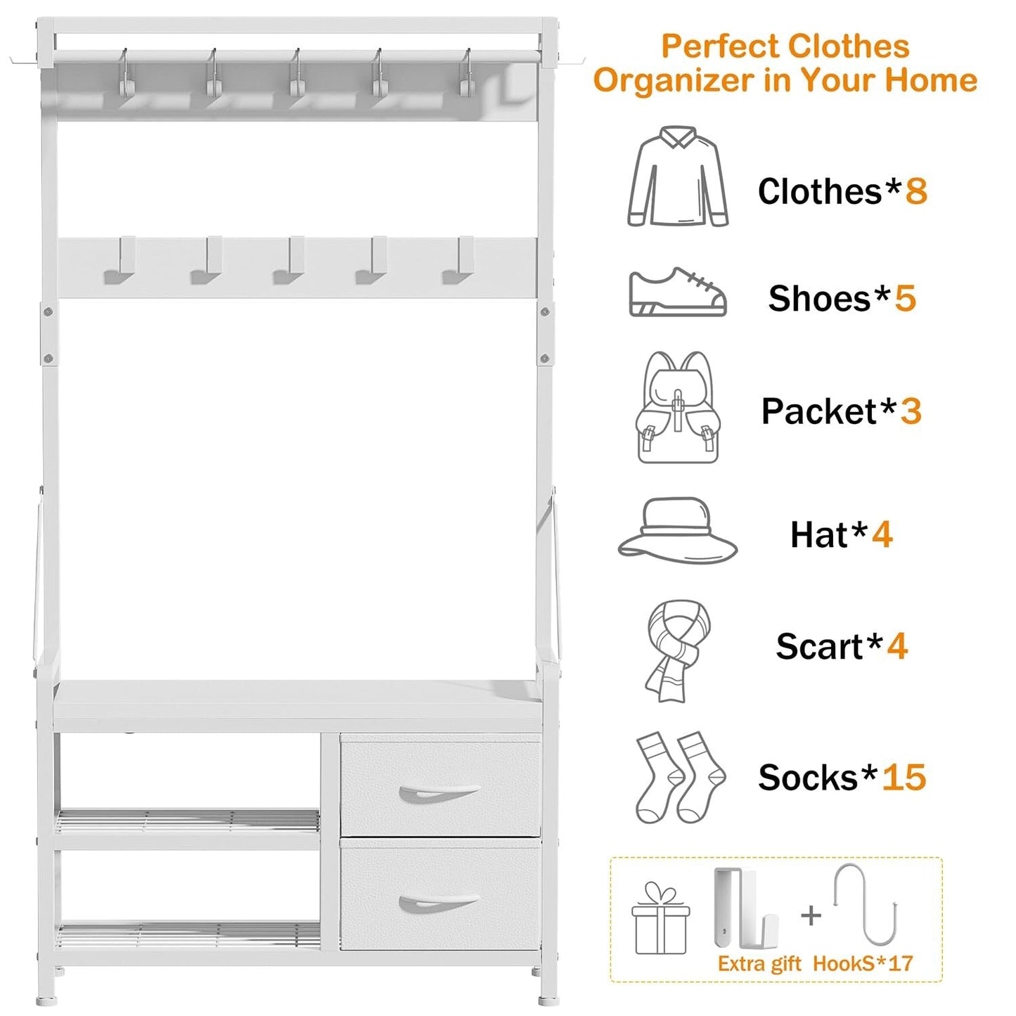 Appendiabiti con panca, divisibile in panca per scarpe indipendente e portaoggetti da parete