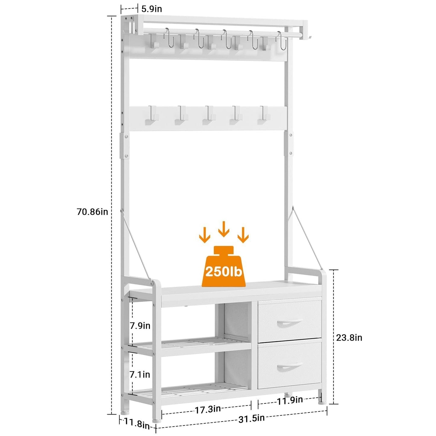 Appendiabiti con panca, divisibile in panca per scarpe indipendente e portaoggetti da parete