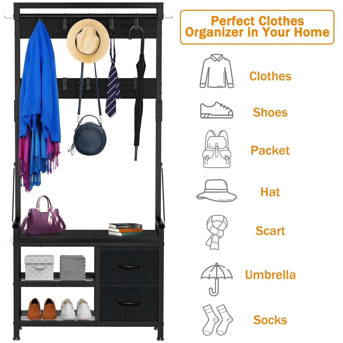 Appendiabiti con panca, divisibile in panca per scarpe indipendente e portaoggetti da parete