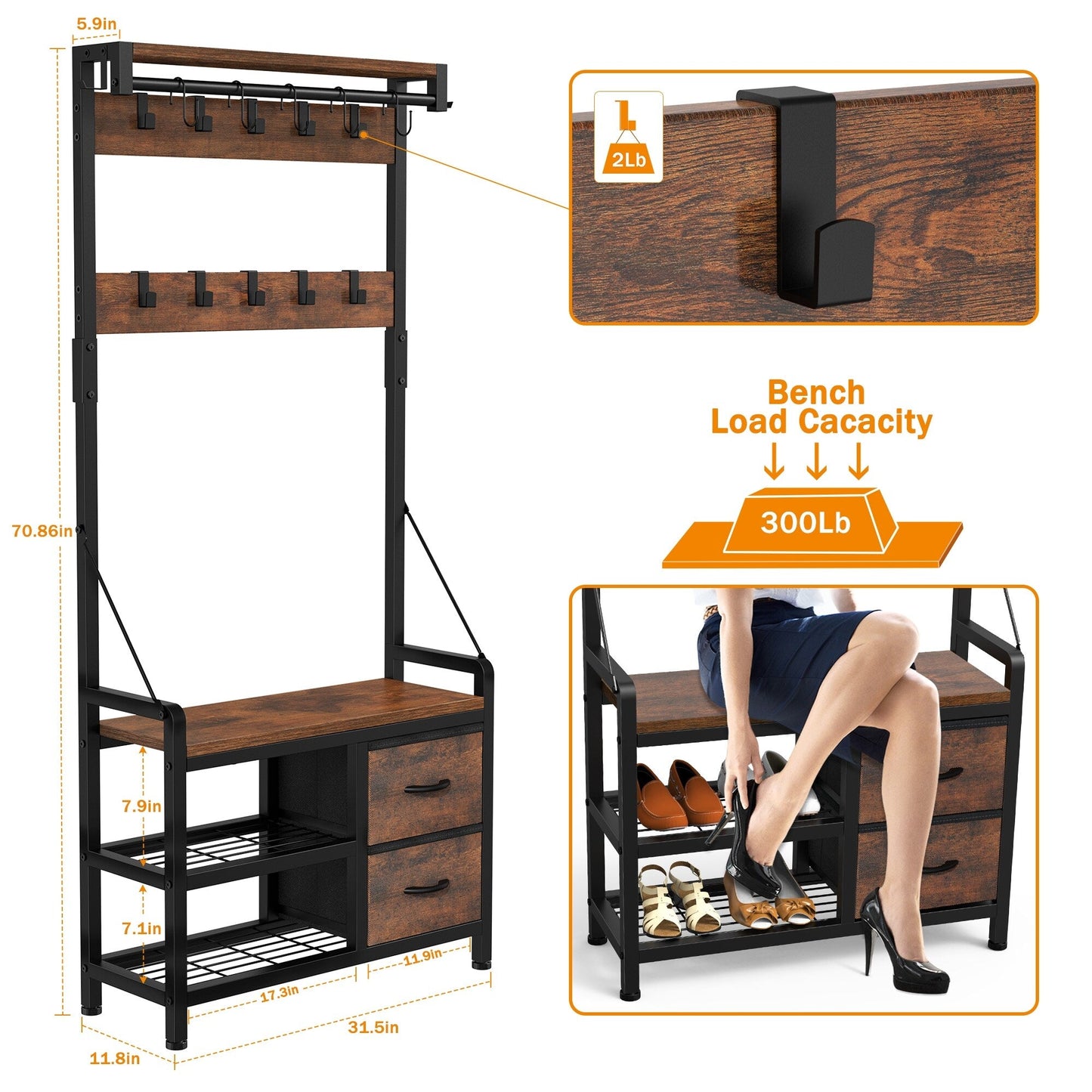 Appendiabiti con panca, divisibile in panca per scarpe indipendente e portaoggetti da parete