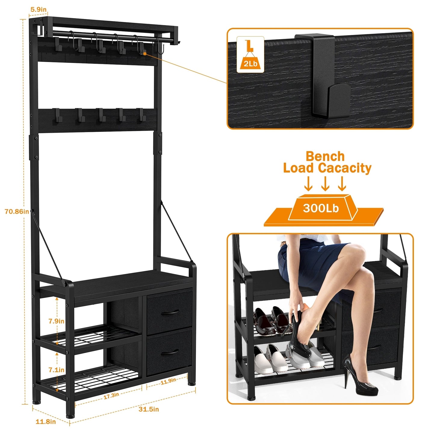 Appendiabiti con panca, divisibile in panca per scarpe indipendente e portaoggetti da parete