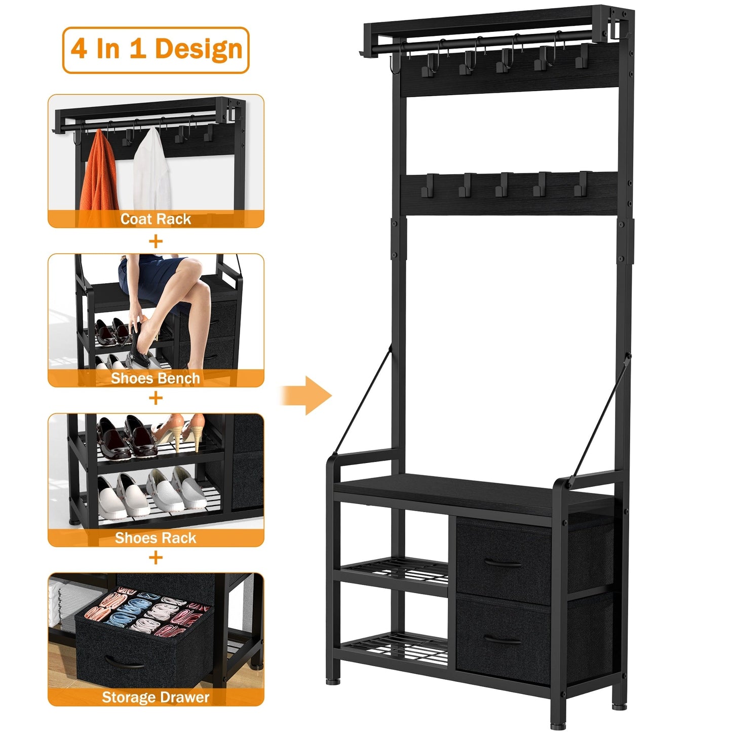 Appendiabiti con panca, divisibile in panca per scarpe indipendente e portaoggetti da parete