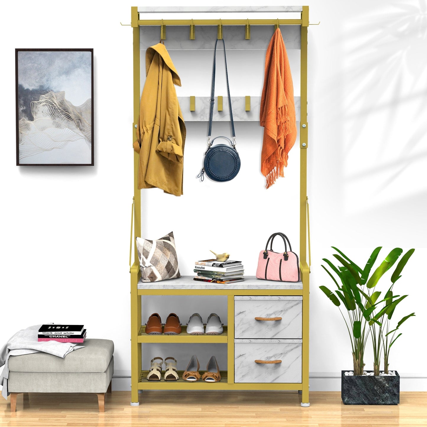 Appendiabiti con panca, divisibile in panca per scarpe indipendente e portaoggetti da parete