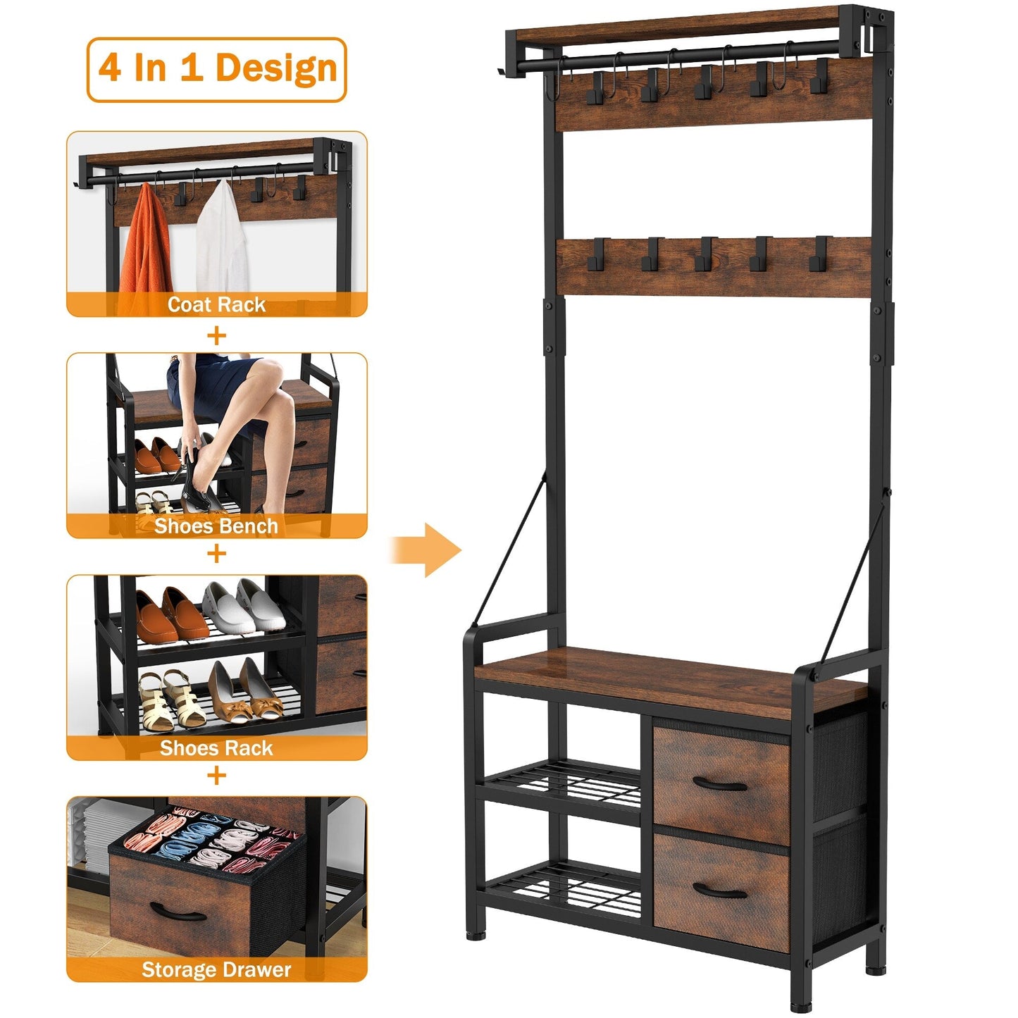 Appendiabiti con panca, divisibile in panca per scarpe indipendente e portaoggetti da parete