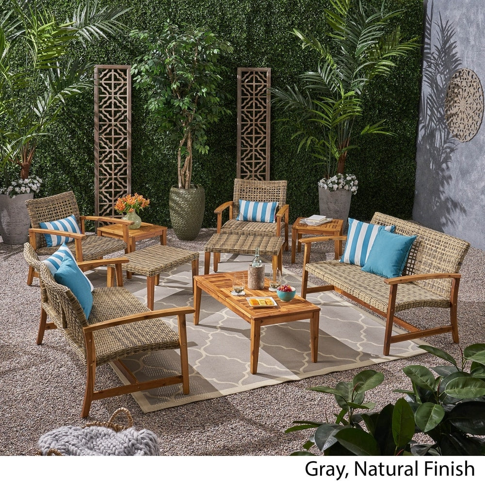 Set da esterno Hampton da 9 pezzi in legno/vimini di Christopher Knight Home