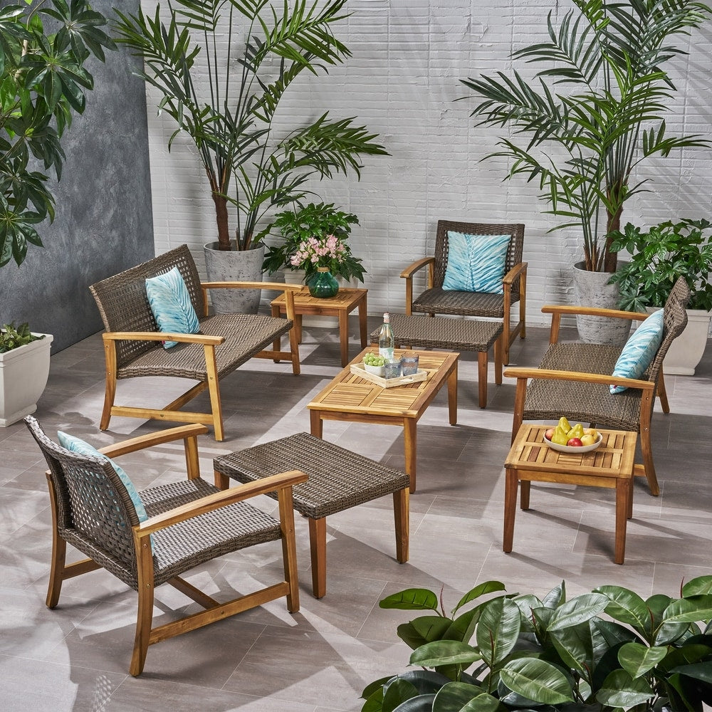 Set da esterno Hampton da 9 pezzi in legno/vimini di Christopher Knight Home