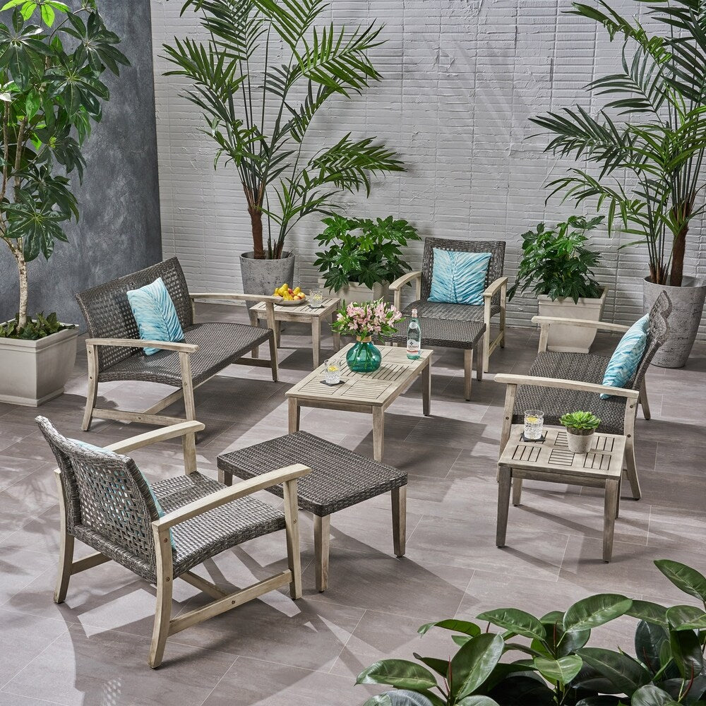 Set da esterno Hampton da 9 pezzi in legno/vimini di Christopher Knight Home