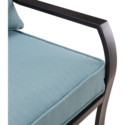 Set da pranzo Hanover Lavallette da 5 pezzi in blu oceano con 4 sedie fisse, tavolo rotondo con piano in vetro da 52 pollici, ombrellone e base