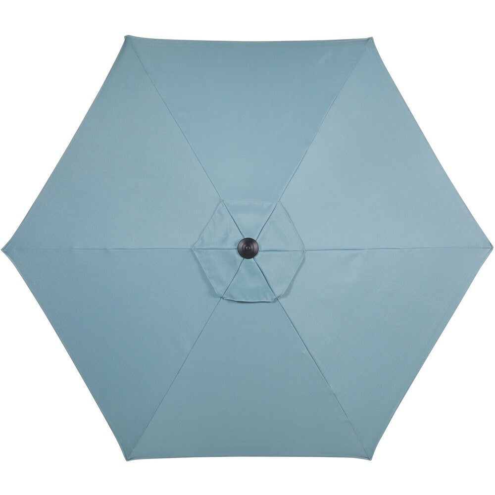 Set da pranzo Hanover Lavallette da 5 pezzi in blu oceano con 4 sedie fisse, tavolo rotondo con piano in vetro da 52 pollici, ombrellone e base