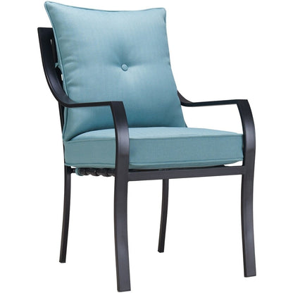 Set da pranzo Hanover Lavallette da 5 pezzi in blu oceano con 4 sedie fisse, tavolo rotondo con piano in vetro da 52 pollici, ombrellone e base