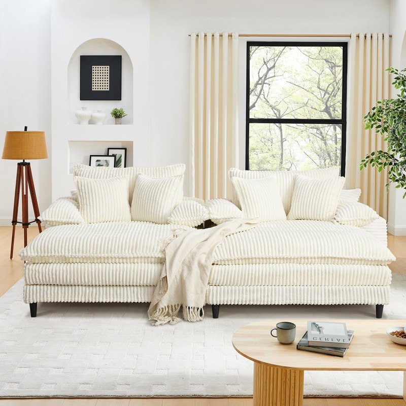 Divano letto oversize in velluto a coste Harmonia 109 W, chaise longue doppia con seduta profonda e 4 cuscini