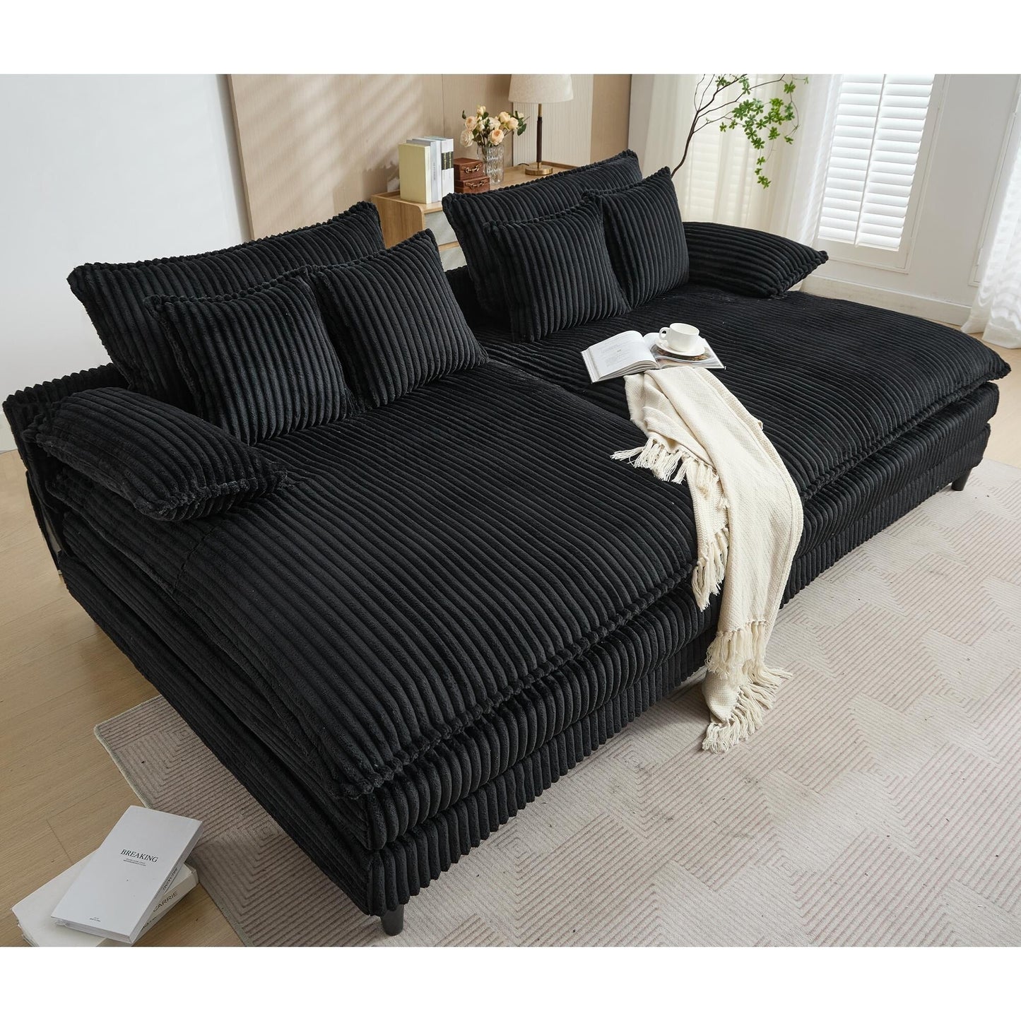 Divano letto oversize in velluto a coste Harmonia 109 W, chaise longue doppia con seduta profonda e 4 cuscini