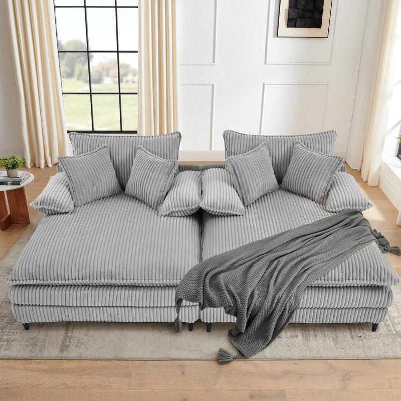 Divano letto oversize in velluto a coste Harmonia 109 W, chaise longue doppia con seduta profonda e 4 cuscini