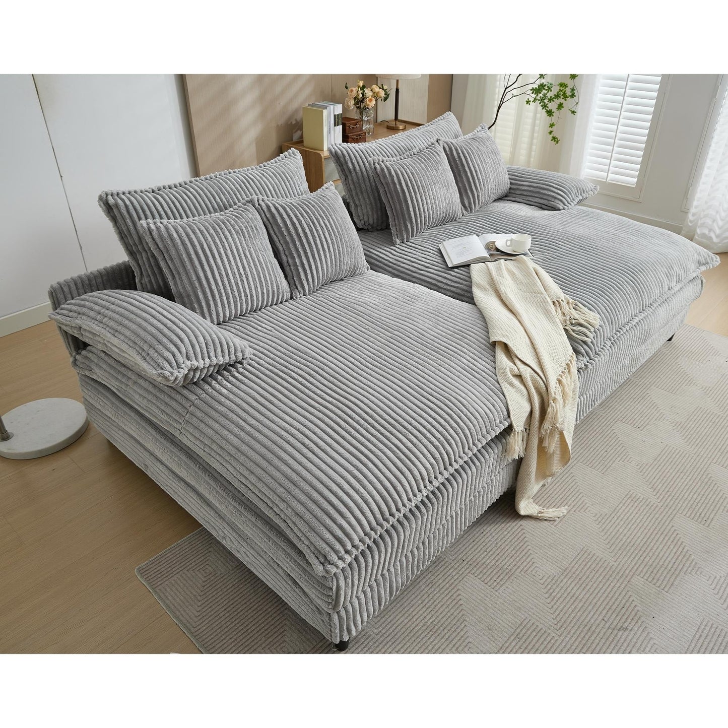 Divano letto oversize in velluto a coste Harmonia 109 W, chaise longue doppia con seduta profonda e 4 cuscini