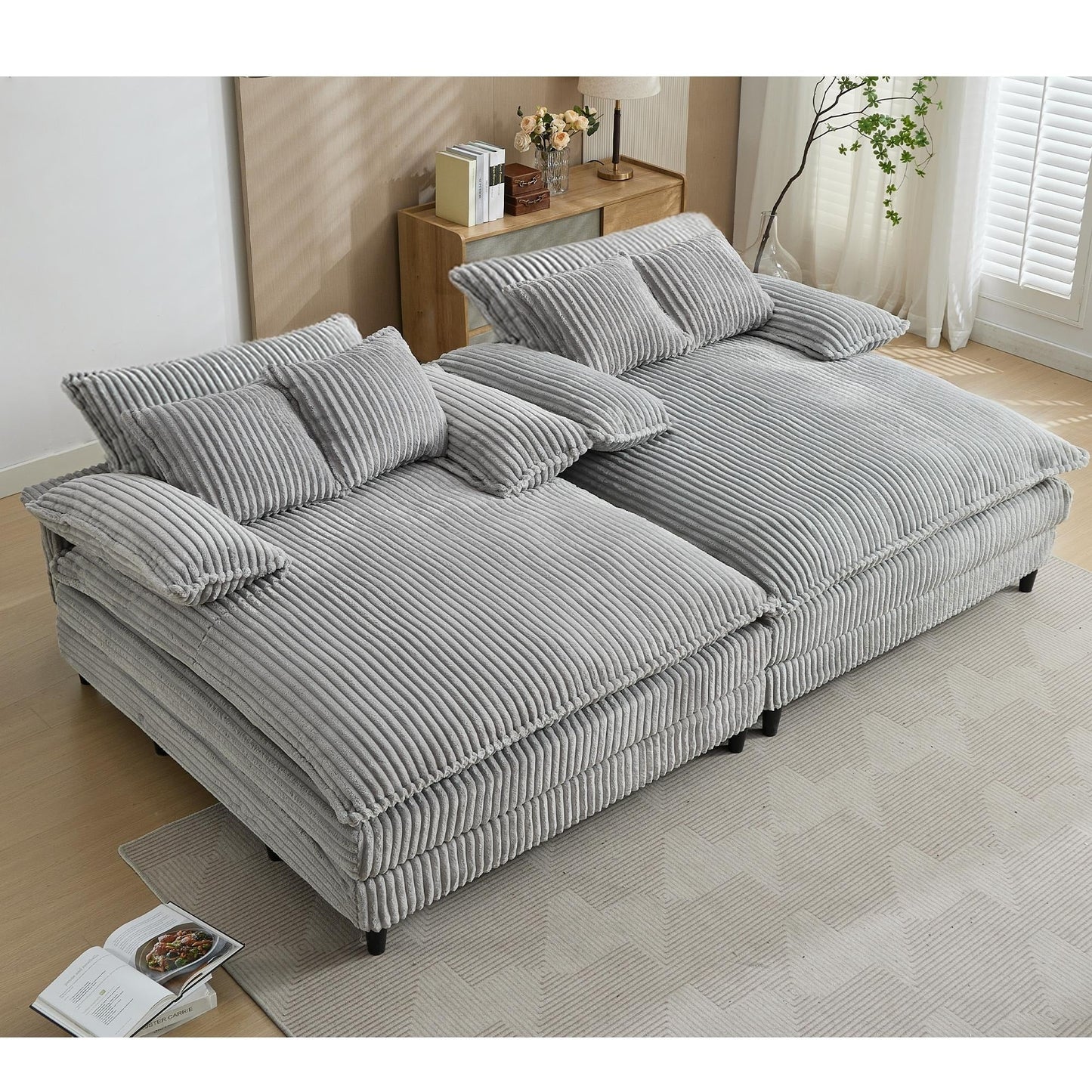 Divano letto oversize in velluto a coste Harmonia 109 W, chaise longue doppia con seduta profonda e 4 cuscini