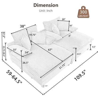 Divano letto oversize in velluto a coste Harmonia 109 W, chaise longue doppia con seduta profonda e 4 cuscini