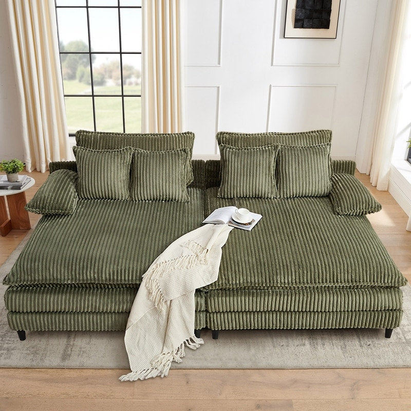 Divano letto oversize in velluto a coste Harmonia 109 W, chaise longue doppia con seduta profonda e 4 cuscini