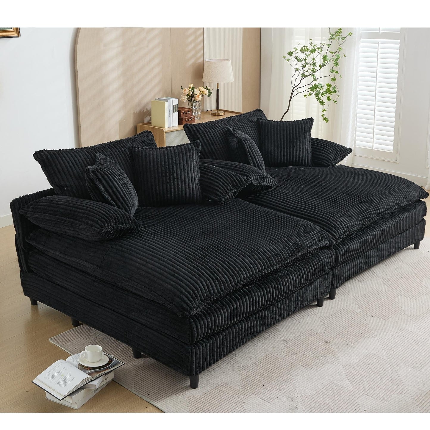 Divano letto oversize in velluto a coste Harmonia 109 W, chaise longue doppia con seduta profonda e 4 cuscini