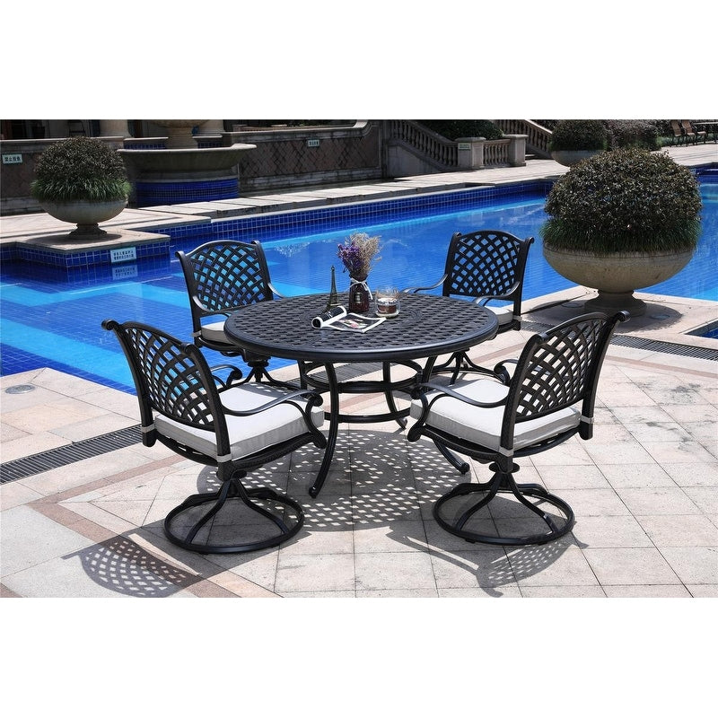 Set da pranzo rotondo in alluminio color bronzo anticato South Ponto da 5 pezzi con sedie girevoli di Havenside Home