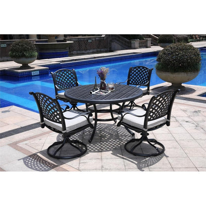 Set da pranzo rotondo in alluminio color bronzo anticato South Ponto da 5 pezzi con sedie girevoli di Havenside Home