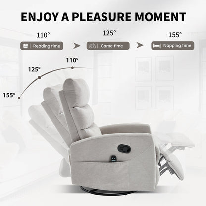 Poltrona reclinabile manuale con massaggio termico, dondolo e girevole in tessuto per soggiorno, grigio