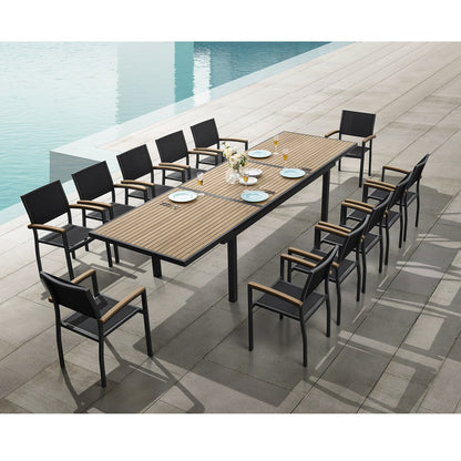 Heck Set da pranzo da esterno in alluminio teak FSC da 13 pezzi per 12 persone, tavolo estensibile e sedia impilabile, nero carbone