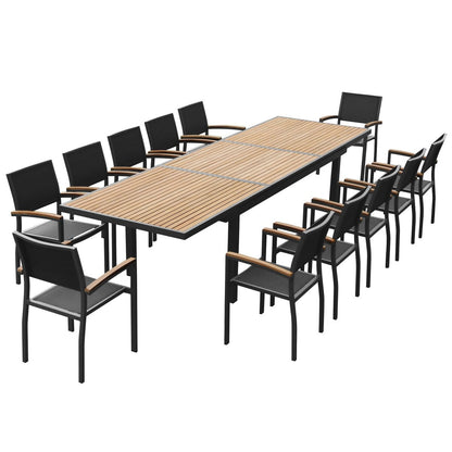 Heck Set da pranzo da esterno in alluminio teak FSC da 13 pezzi per 12 persone, tavolo estensibile e sedia impilabile, nero carbone