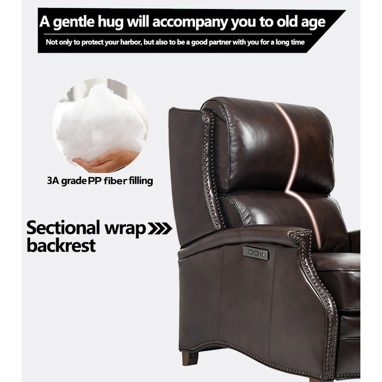 Poltrona reclinabile elettrica Hekkin in vera pelle con poggiatesta regolabile e porta USB, seduta ultra comoda per il soggiorno